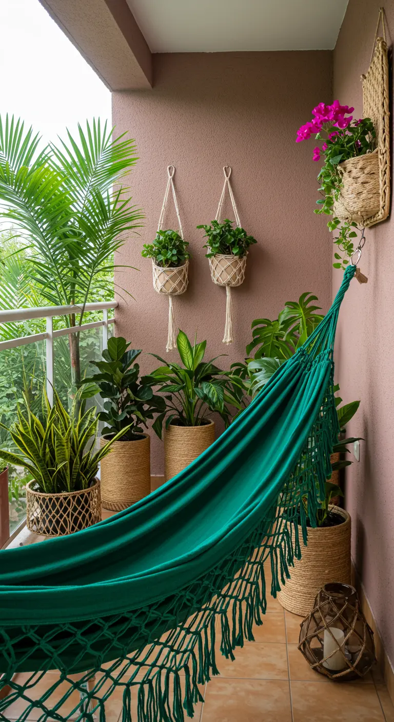 Balkon met een felgroene hangmat, macramé plantenhangers en potten omwikkeld met touw.