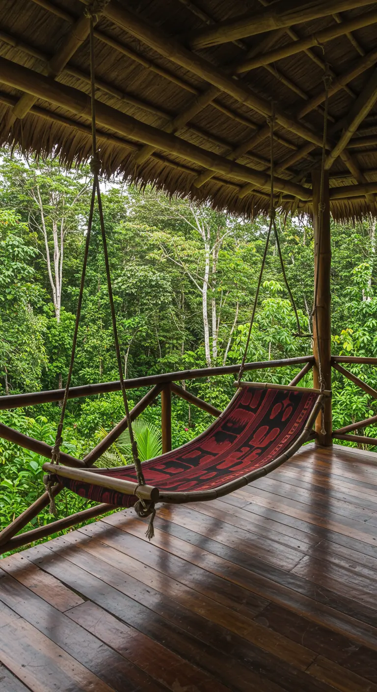 Hangmat van bamboe en rood-zwart doek op een houten veranda met uitzicht op een weelderig groen bos.