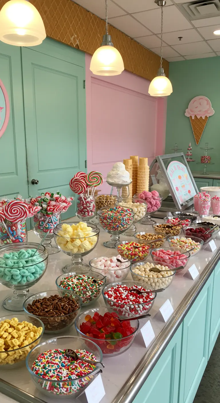 Grote toonbank met diverse soorten snoep en toppings voor ijs.
