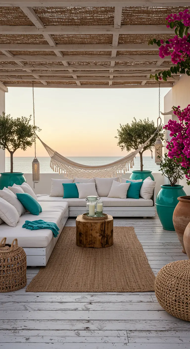 Luxe dakterras in Ibiza-stijl met witte loungebank, turquoise potten en een hangmat met zeezicht.