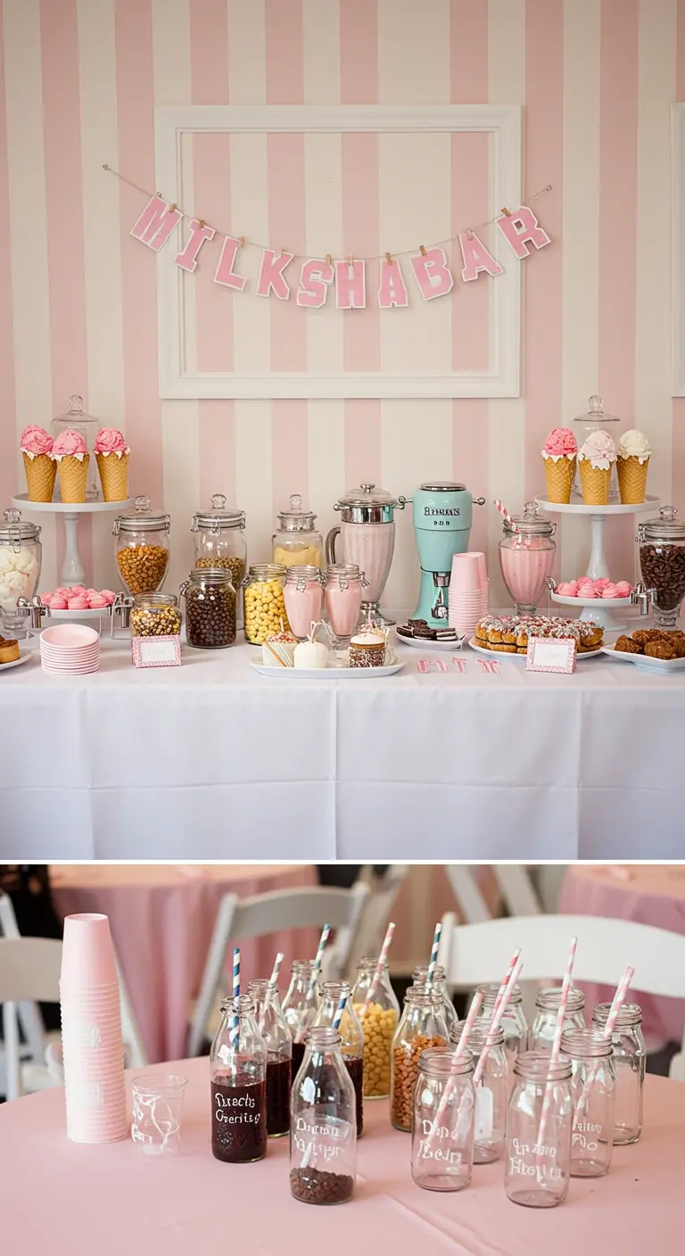 Buffettafel met een milkshakethema in roze en wit, met glazen potten.