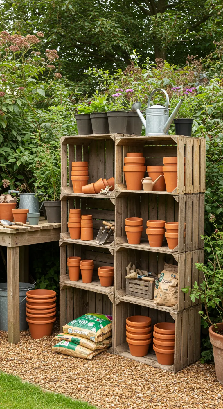 Houten kratten gestapeld als opbergrek voor terracotta potten en tuinspullen.