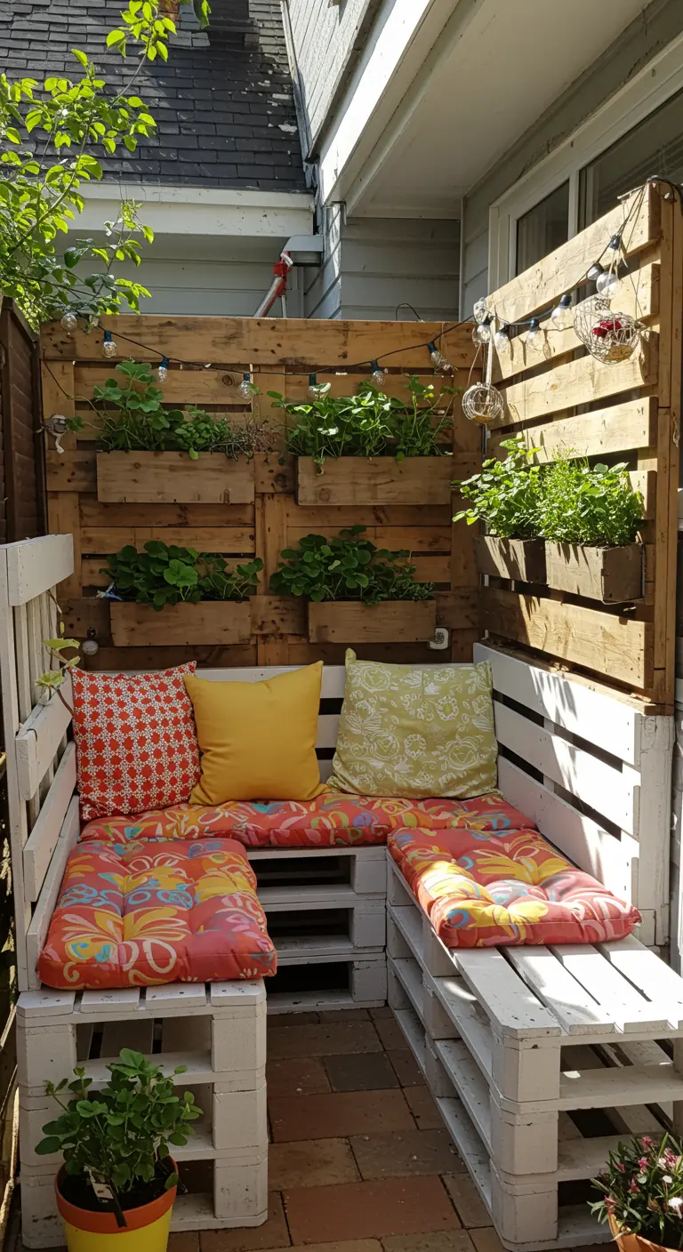 Knusse loungehoek gemaakt van witte pallets met kleurrijke kussens en een verticale kruidentuin.