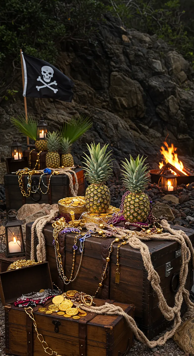 Piratenthema met schatkisten, gouden munten en ananassen op een rotsachtig strand.