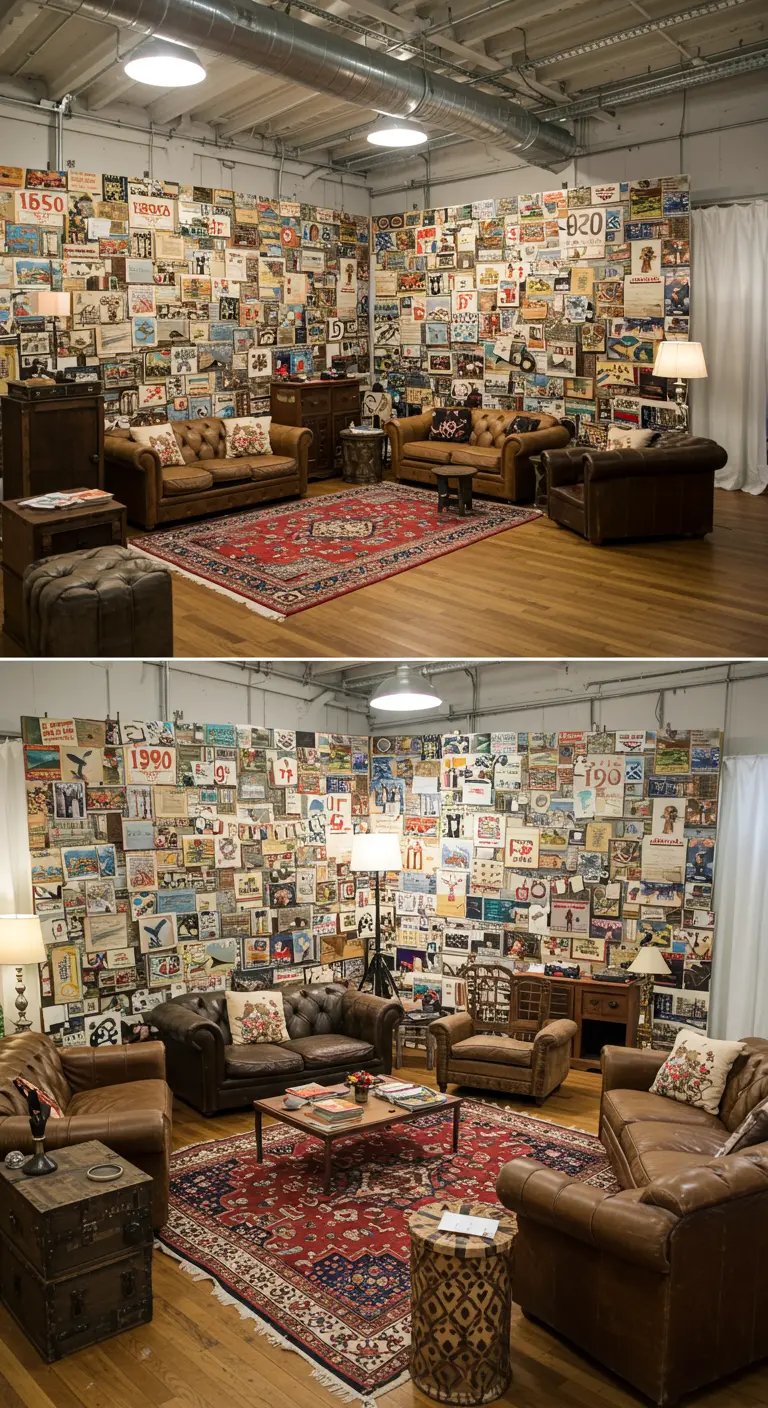 Twee foto's van een loungehoek waarbij alle muren zijn bedekt met een collage van vintage postkaarten.