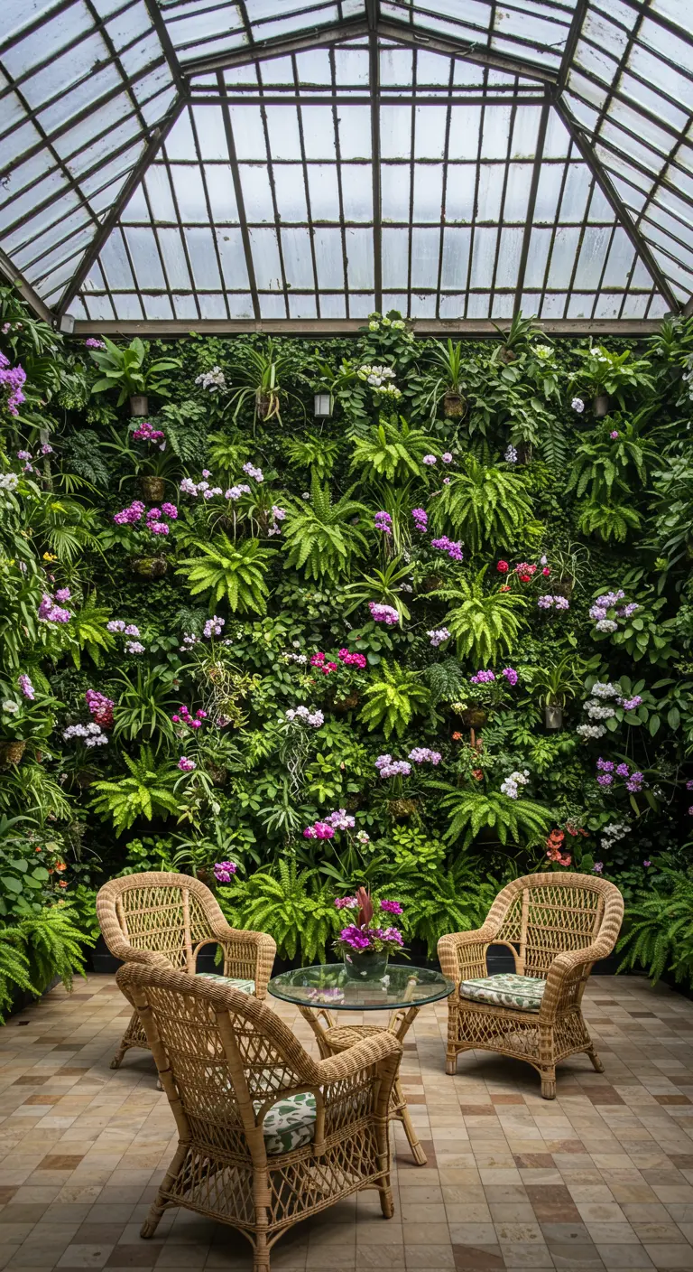 Grote serre met een volledige muur bedekt met tropische planten en varens.