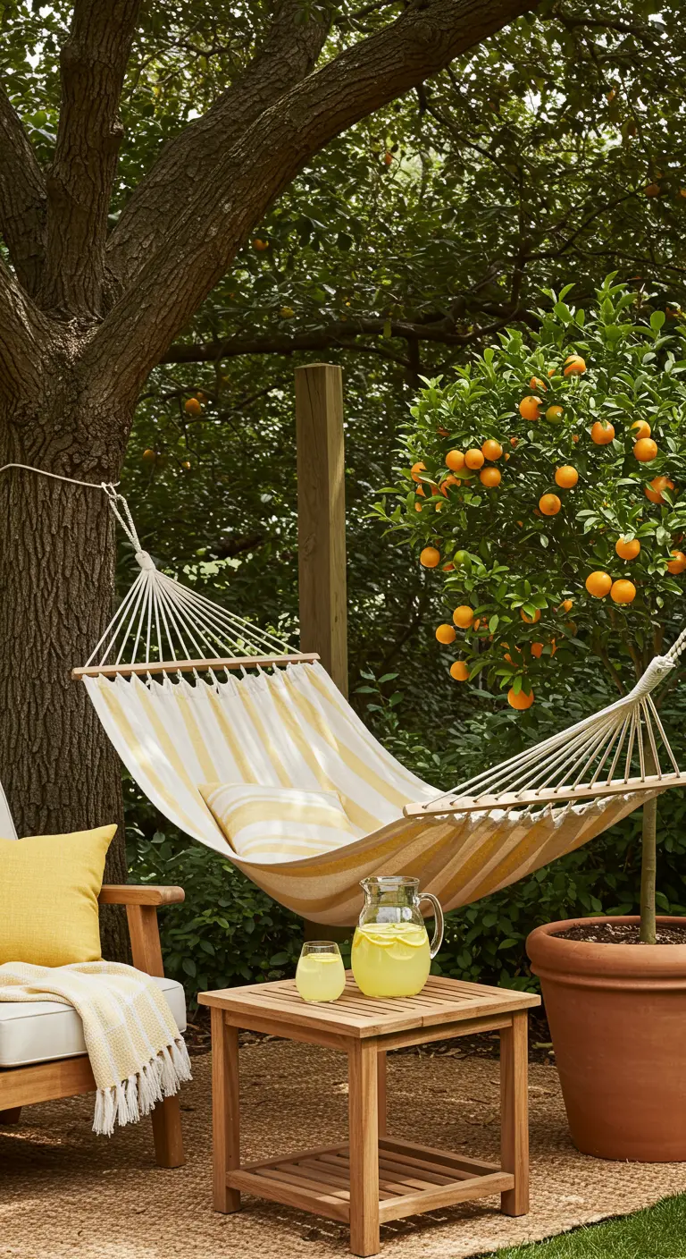 Een geel-wit gestreepte hangmat hangt naast een sinaasappelboom in een tuin.