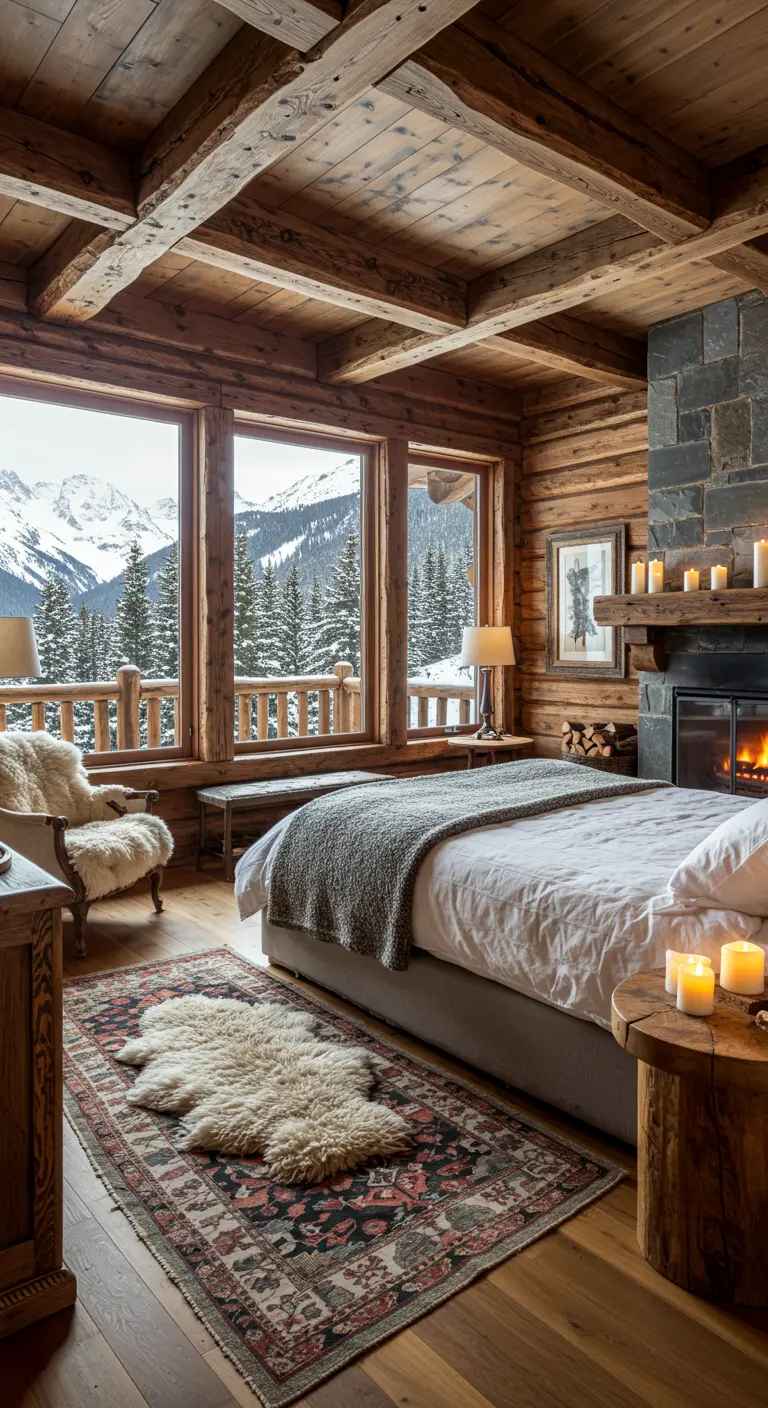 Slaapkamer in een houten chalet met uitzicht op besneeuwde bergen, een open haard en een schapenvacht.
