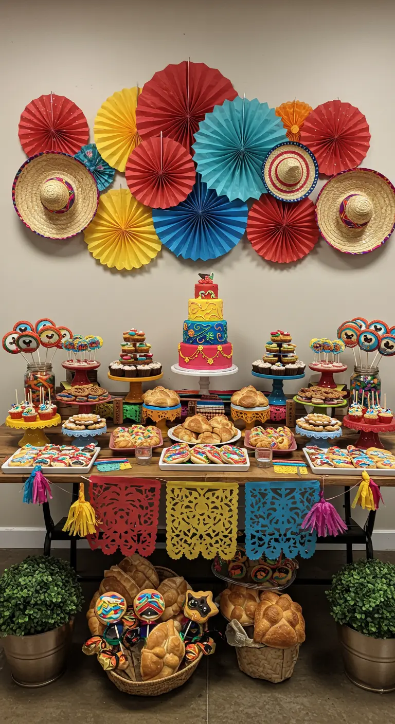 Desserttafel met een achterwand van kleurrijke papieren waaiers en sombreros.