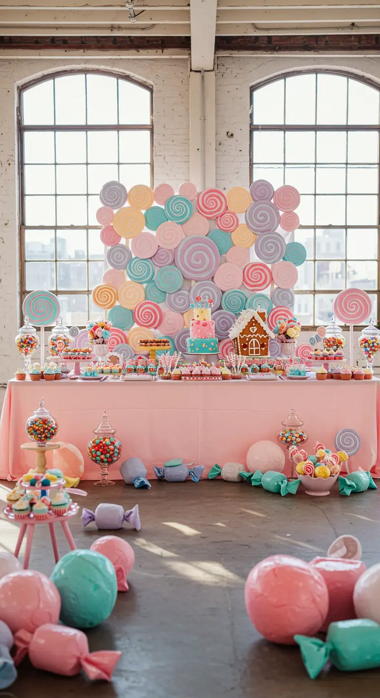 Snoepbuffet met een muur van papieren lolly's in pastelkleuren.