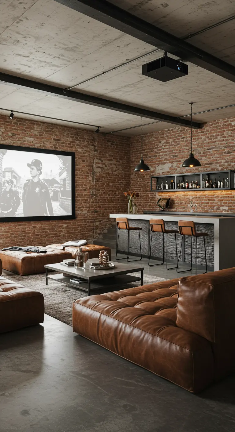 Industriële woonkamer ingericht als thuisbioscoop en bar, met leren zitmeubels.