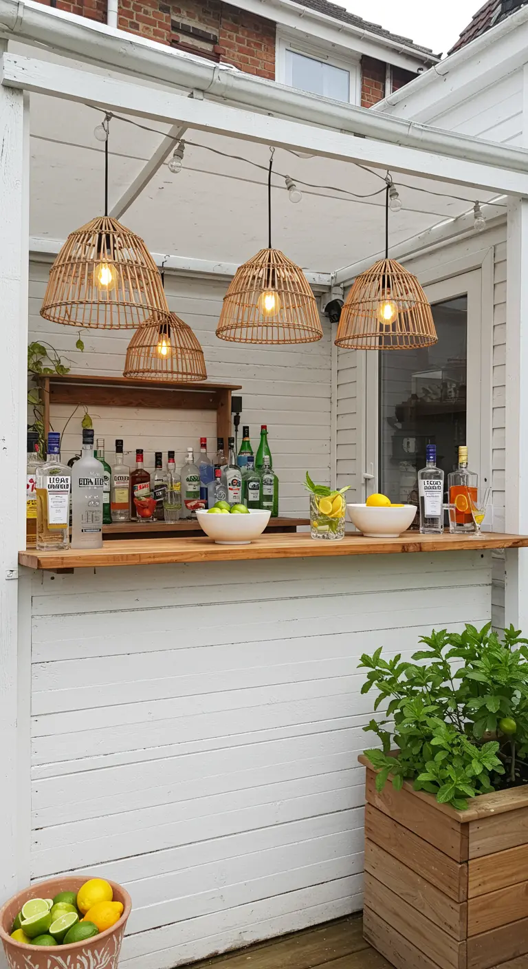 Witgeschilderde buitenbar met een houten blad en rotan hanglampen erboven.