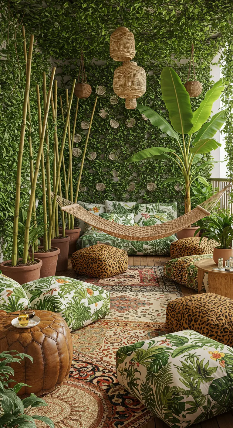 Weelderig balkon vol planten, een hangmat, en kussens met botanische en dierenprints.
