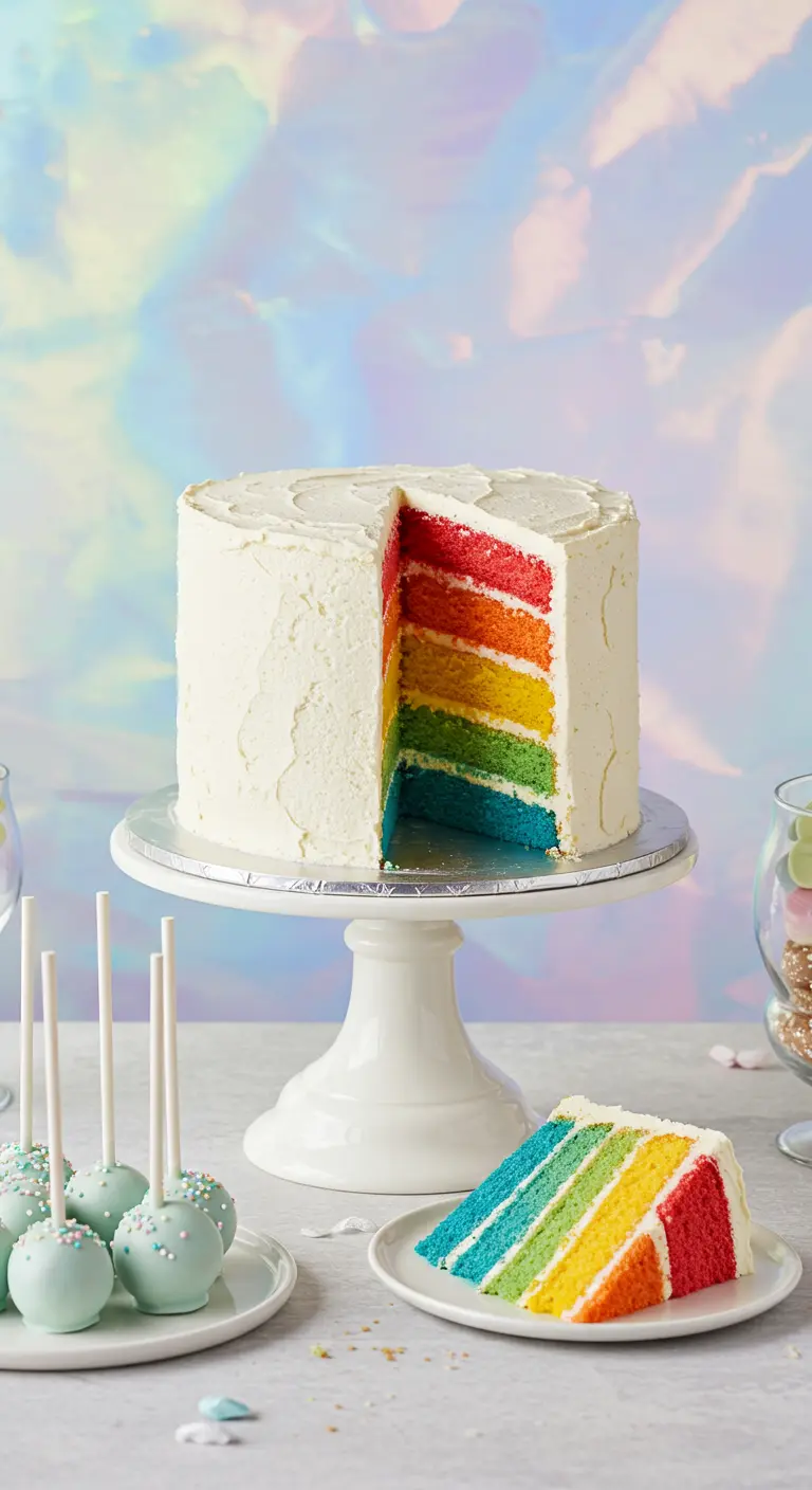 Witte taart op een standaard, met een punt eruit gesneden die de regenbooglagen onthult.
