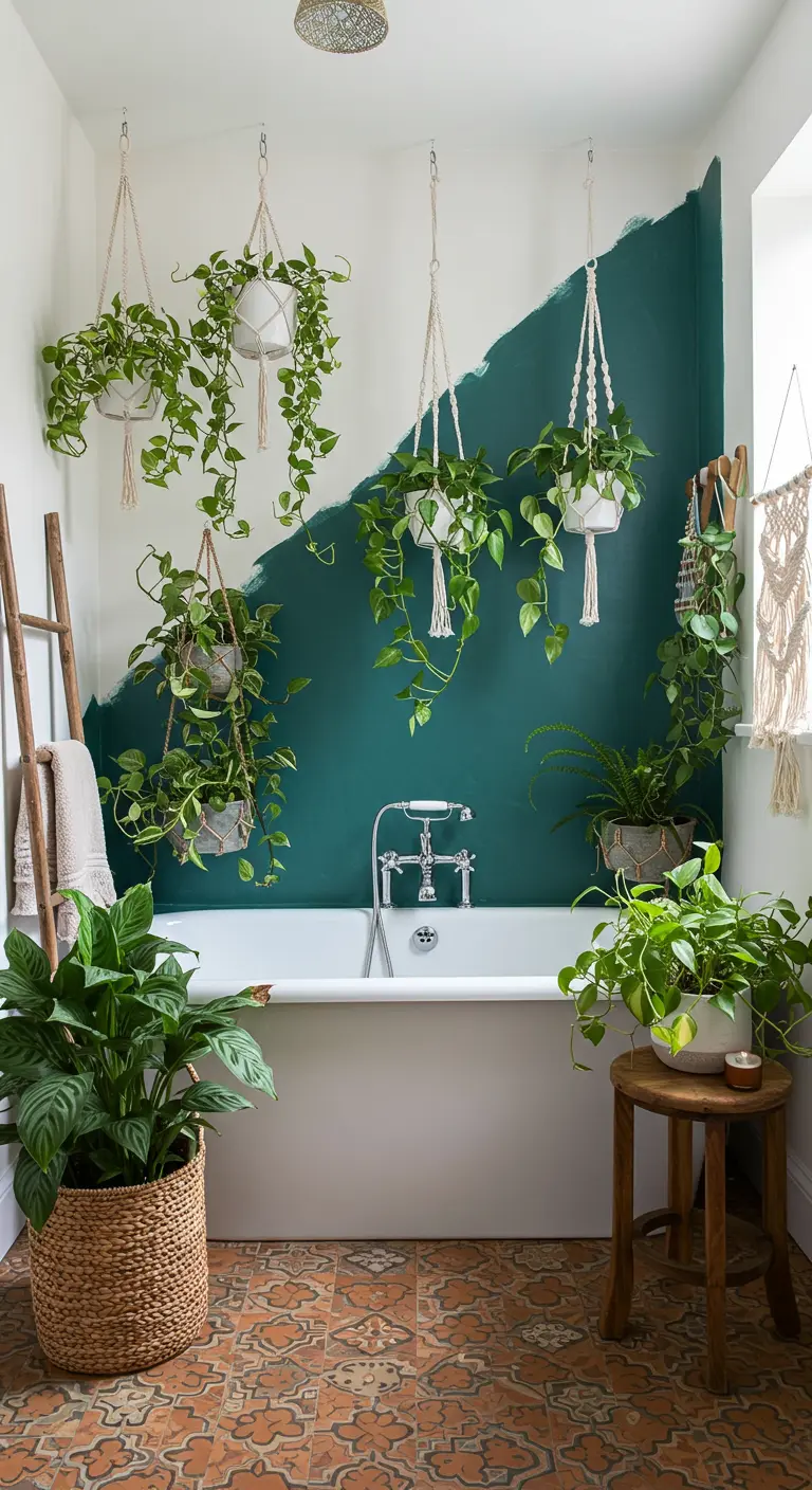 Witte badkamer met een diepgroene accentmuur en veel hangende planten boven het bad.