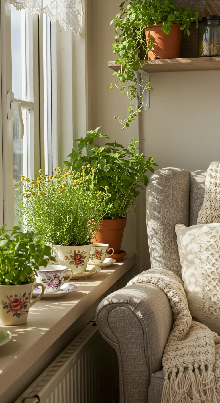 Kruiden in vintage theekopjes en potten op een zonnige vensterbank naast een fauteuil.