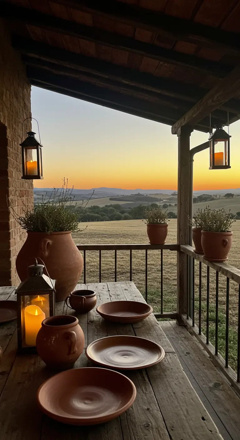 Veranda met uitzicht op een heuvellandschap bij zonsondergang, met lantaarns en aardenwerk servies.