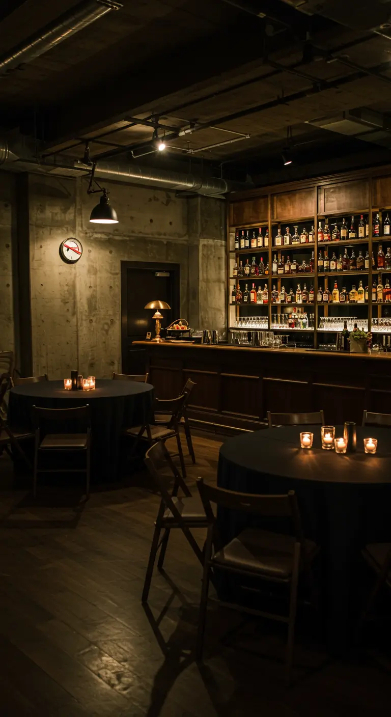 Donkere, sfeervolle bar in een industriële ruimte met houten kasten, betonnen muren en kaarslicht.