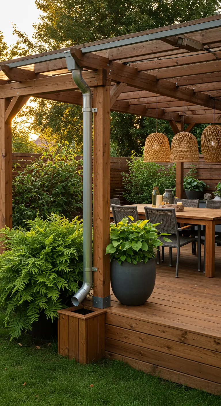 Houten pergola met zilveren regenpijp die uitkomt in een bijpassende houten regenton.