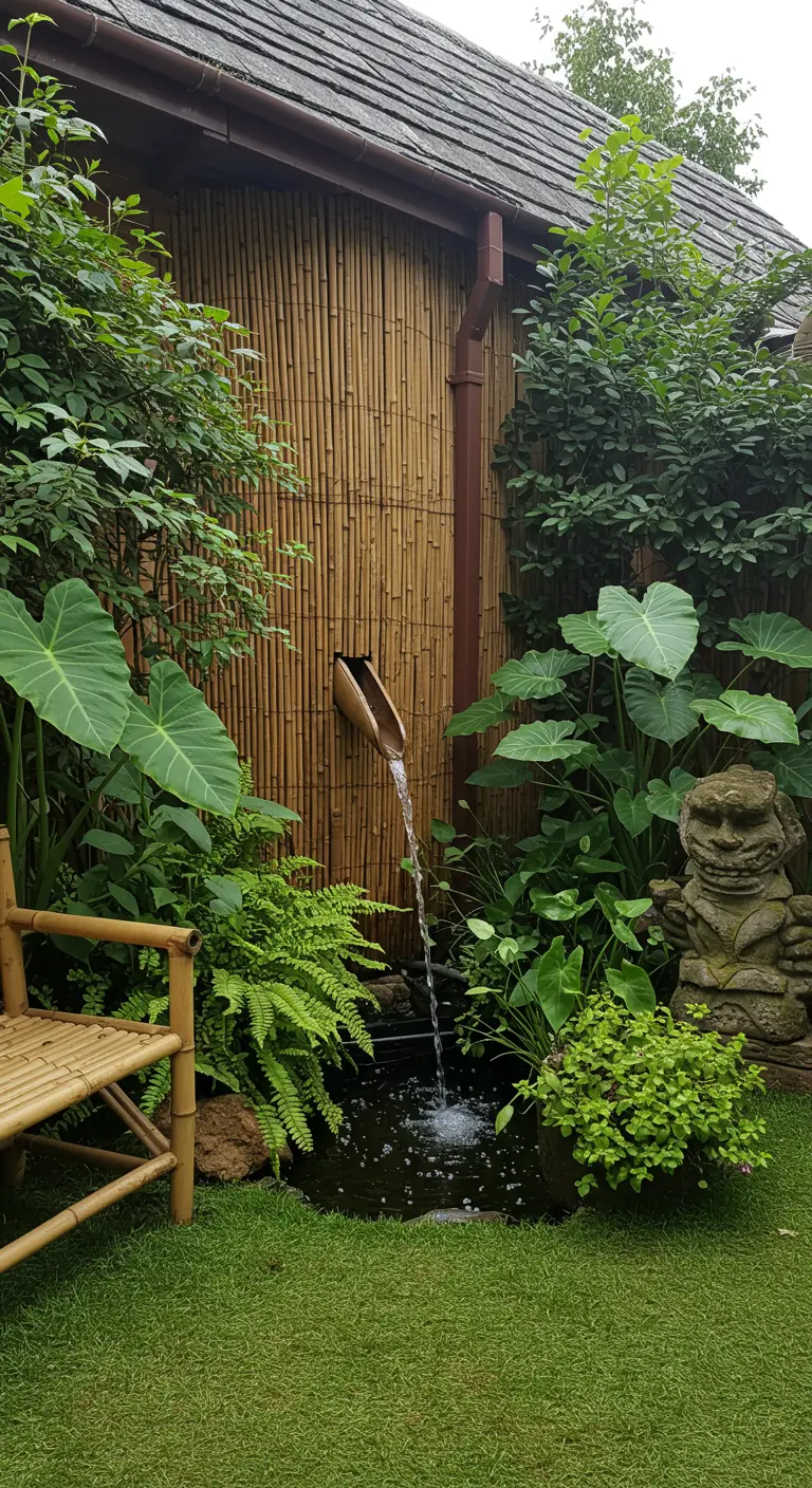 Regenpijp verborgen achter een bamboewand, met een bamboe spuwer boven een kleine vijver.