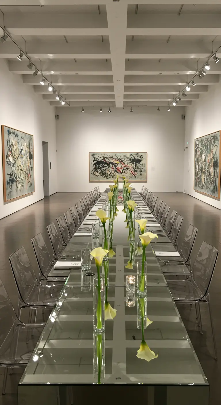 Lange, spiegelende dinertafel in een kunstgalerie met minimalistische bloemdecoratie.