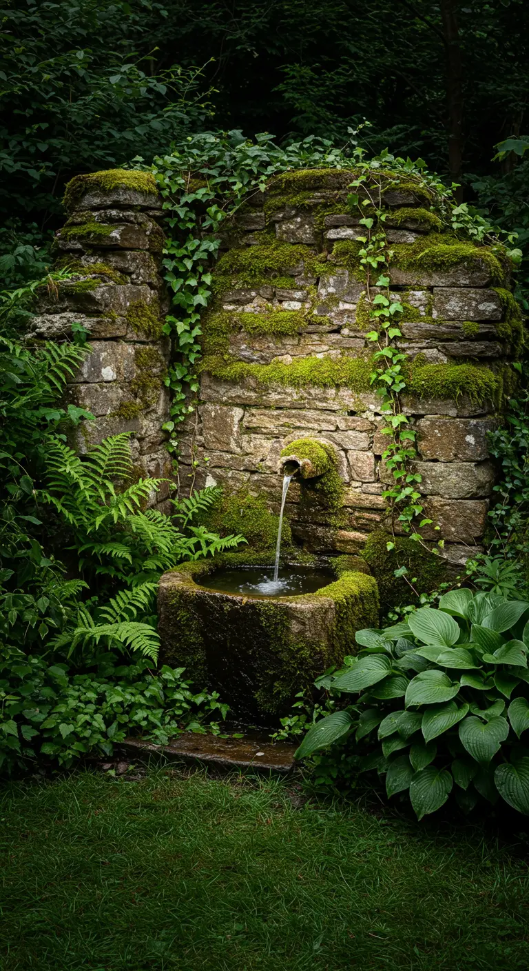 Een oude, met mos en klimop overgroeide stenen fontein in een weelderige, groene tuin.