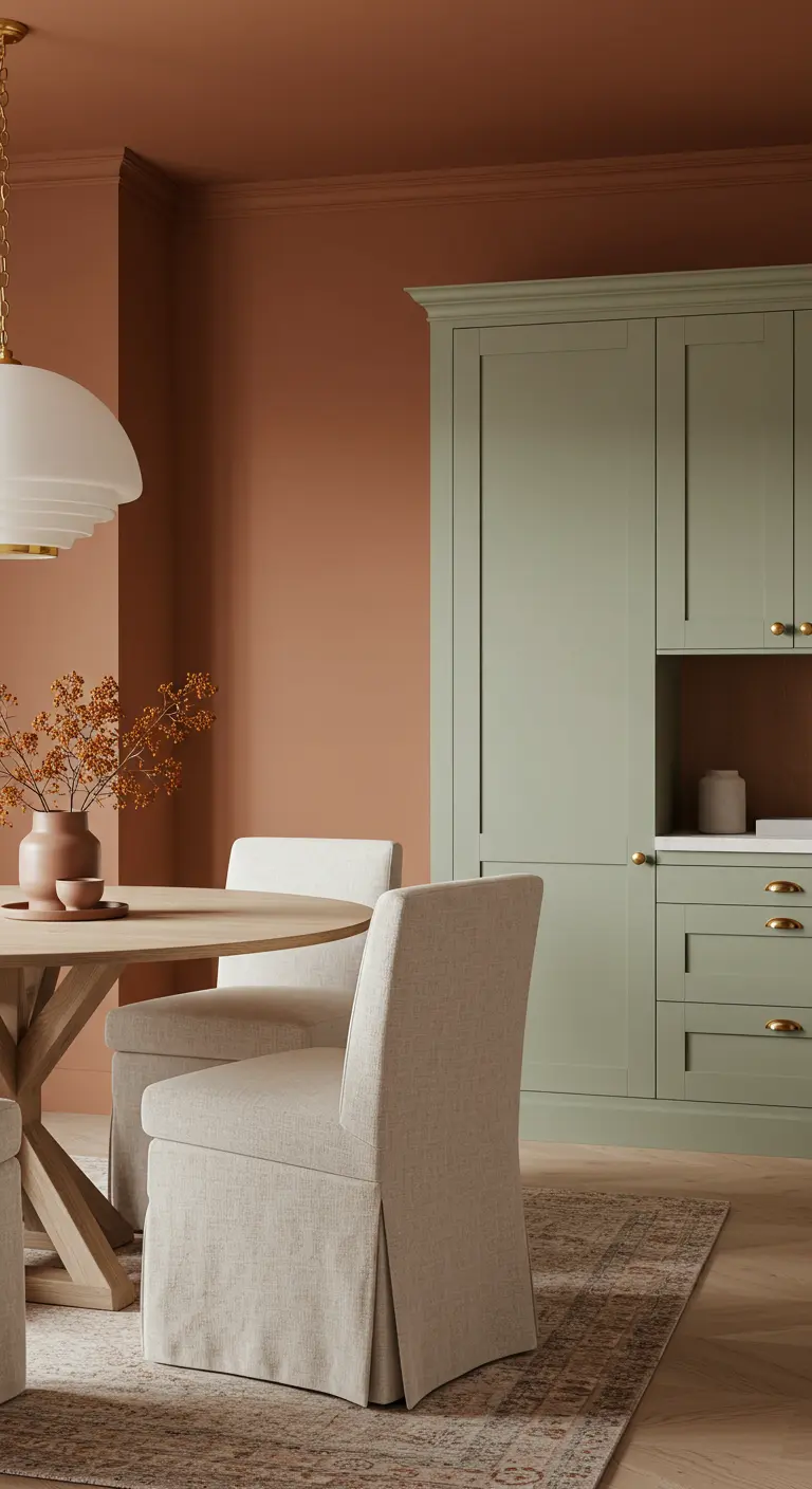 Eetruimte met terracotta muren en saliegroene keukenkasten.