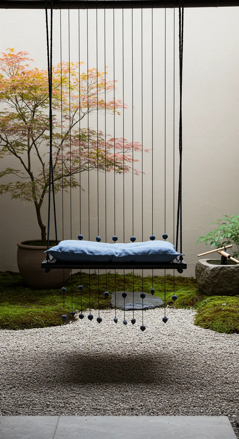 Minimalistische zwarte schommel met een blauw kussen in een Japanse zentuin.