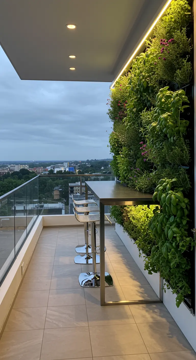 Modern balkon met een verlichte verticale kruidentuin naast een hoge bartafel.