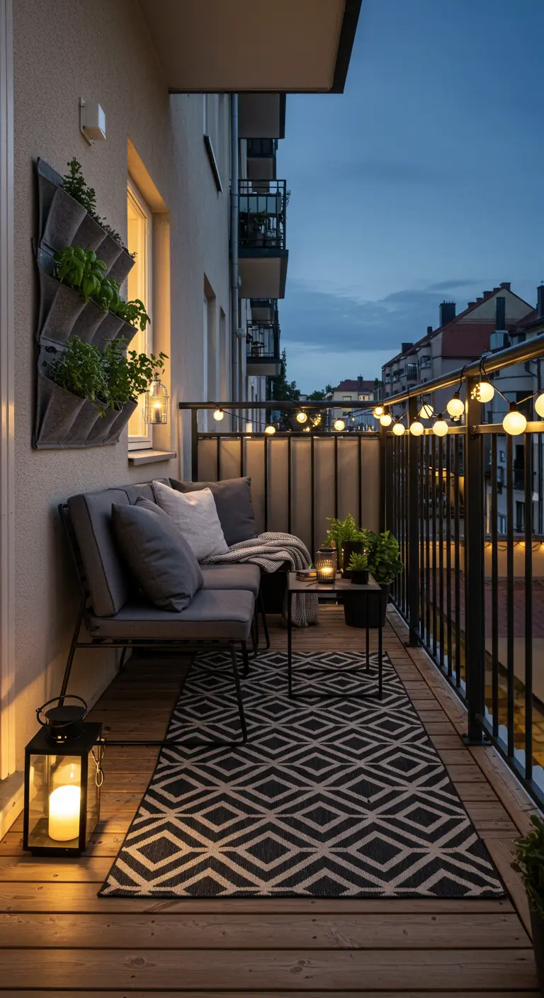Modern stadsbalkon 's avonds met lichtslinger, verticale kruidentuin en een grafisch vloerkleed.