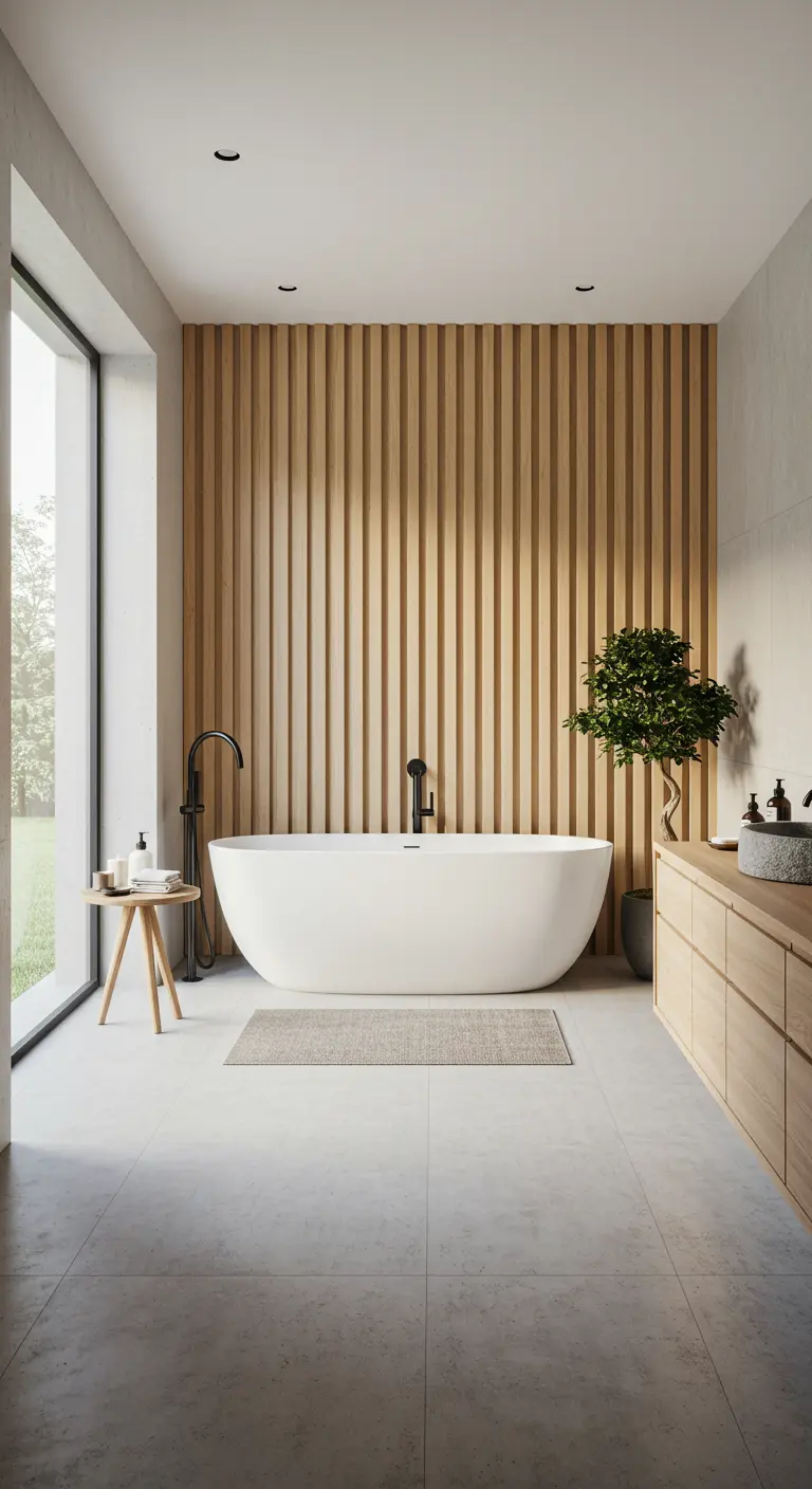 Badkamer met vrijstaand bad voor een wand met verticale houten latten.