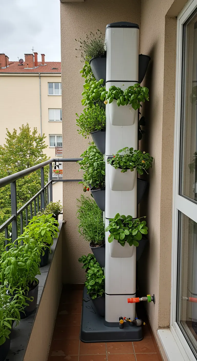 Gestapelde verticale plantenbak voor kruiden op een balkon met wateropslag.