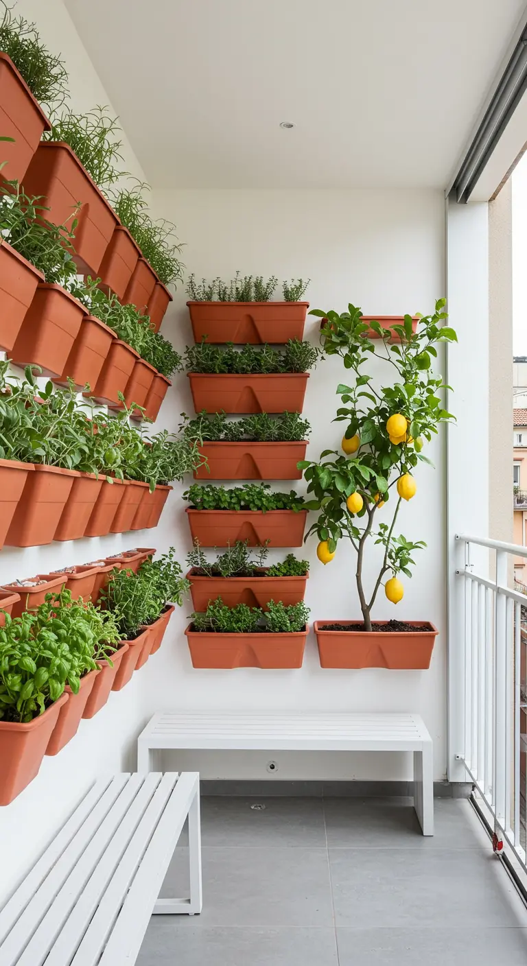 Modern balkon met een verticale tuin van terracotta bakken vol kruiden