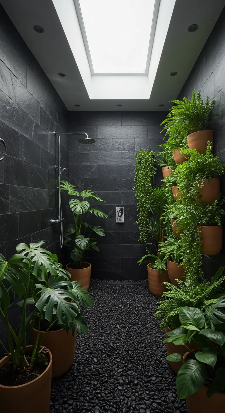 Donkere inloopdouche met een dakraam en muren vol met groene planten in terracotta potten.