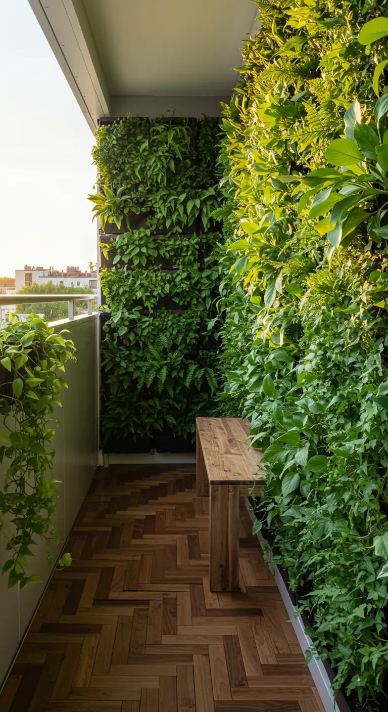 Een smal balkon met een weelderige verticale plantenwand en een houten bankje.
