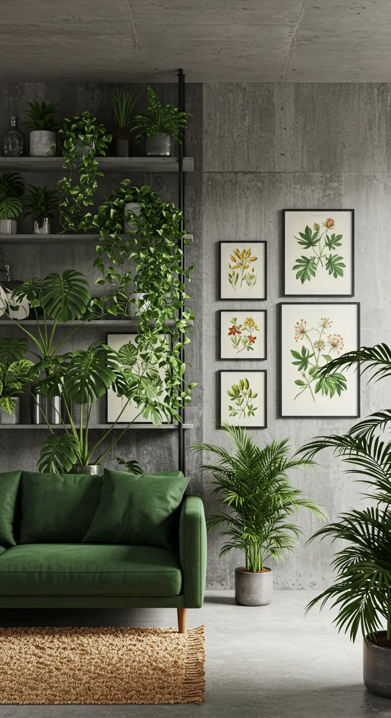 Woonkamer met betonnen muren, een groene bank en een hoge zwarte stellingkast vol groene planten.
