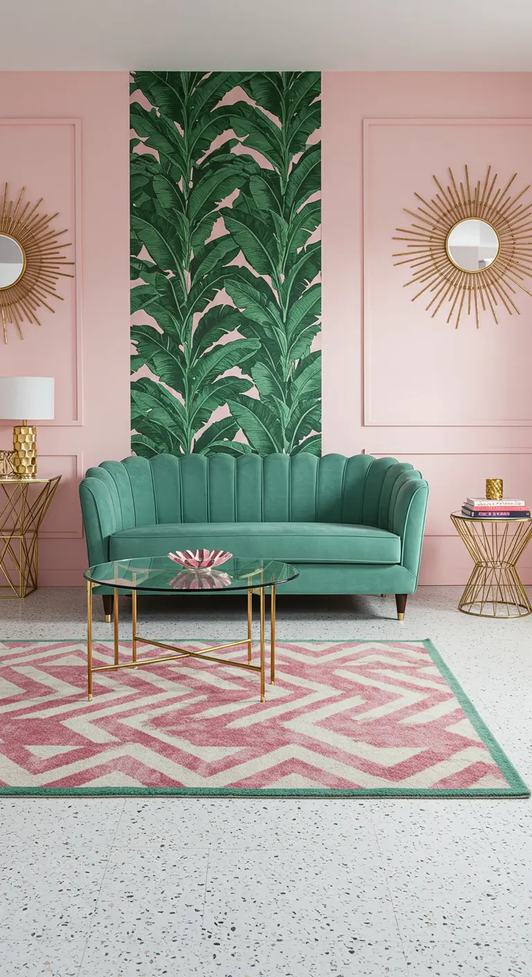 Roze woonkamer met een groene bank en een verticale baan met bananenblad-print.