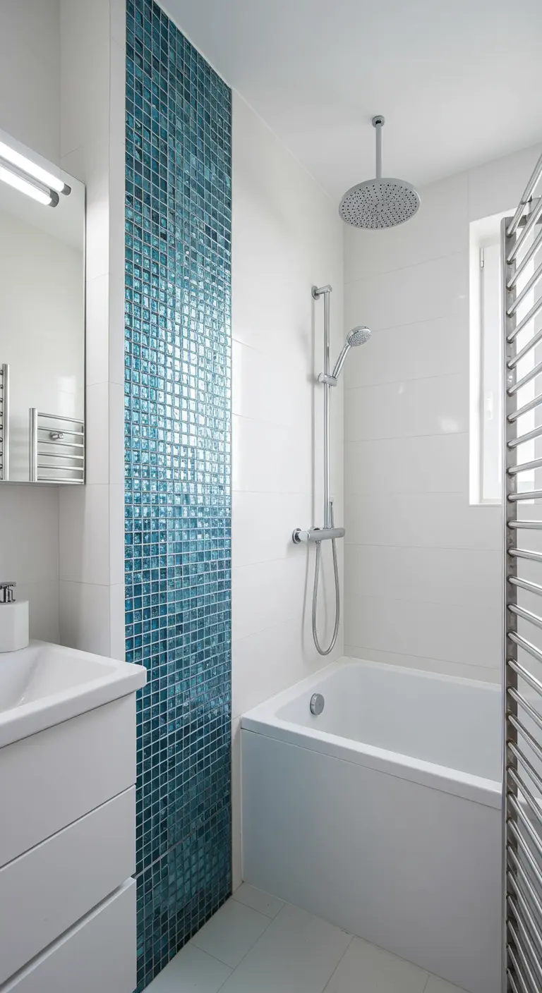 Witte badkamer met een verticale strook glinsterende blauwe mozaïektegels bij het bad.