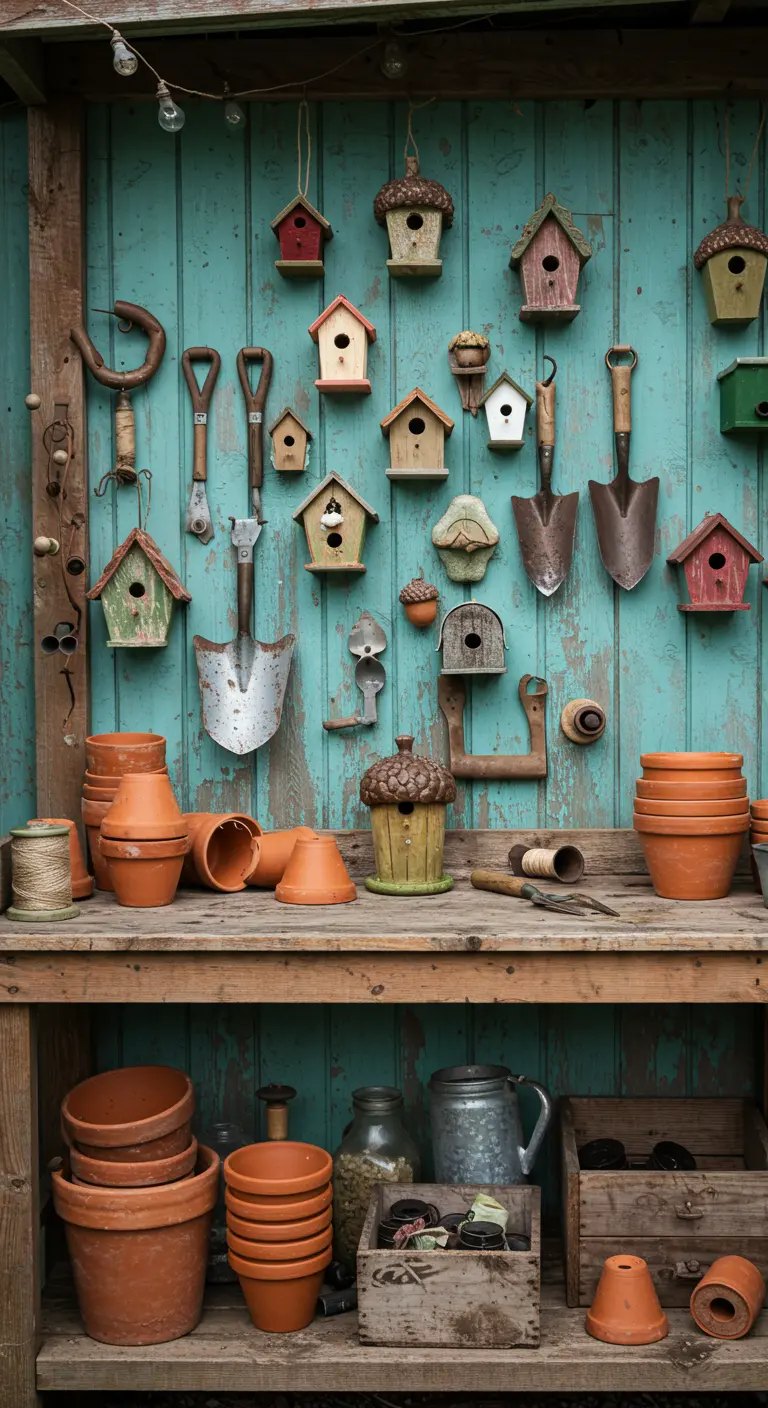 Turquoise muur met een verzameling vogelhuisjes en oud tuingereedschap.