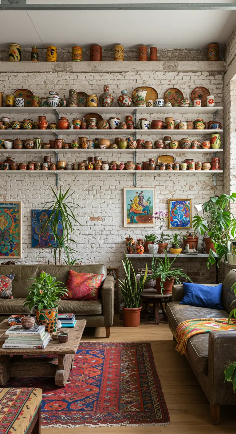 Eclectische woonkamer met een bakstenen muur vol planken met een bonte verzameling aardewerk.