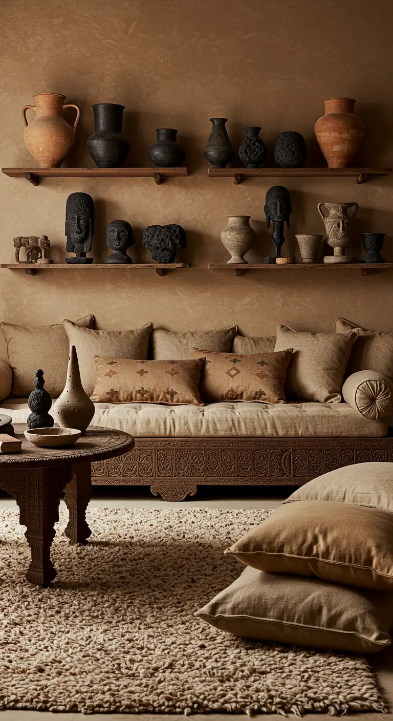 Woonkamer met een lage houten bank en planken vol aardewerk en tribale kunst.