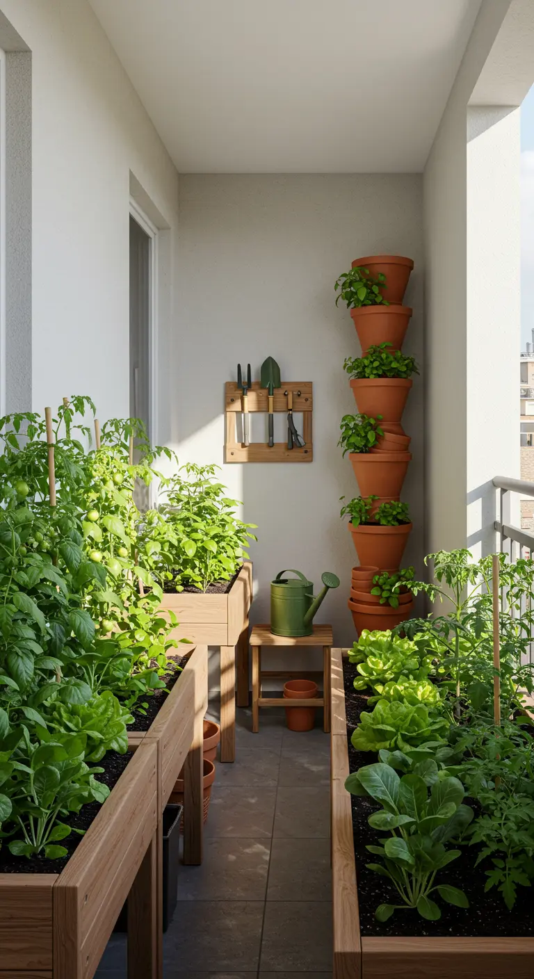 Balkon als moestuin met houten kweekbakken vol sla en tomatenplanten, en een stapel terracotta potten.