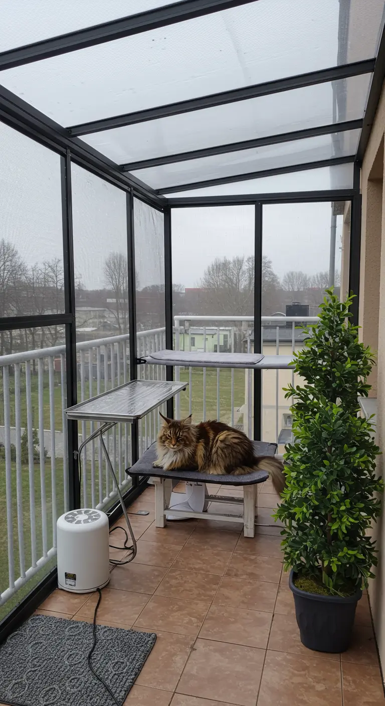 Kat ligt op een bankje op een volledig met glas afgesloten balkon.