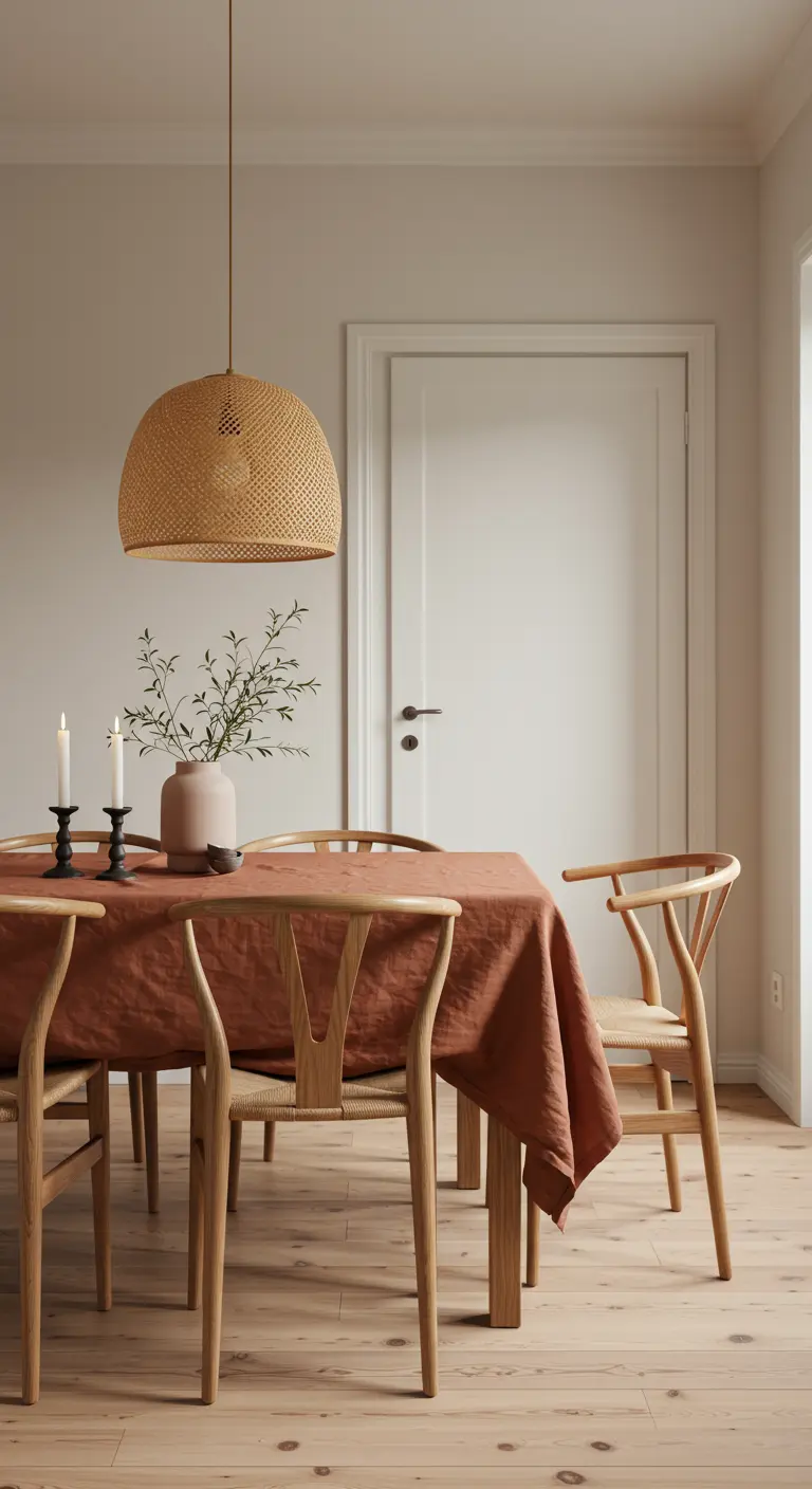 Scandinavische eethoek met een terracotta tafelkleed, houten stoelen en een rotan hanglamp.