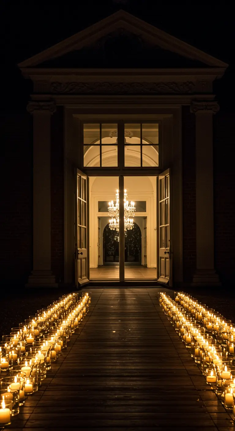 Entree van een landhuis met een pad dat aan weerszijden wordt verlicht door honderden kaarsen.
