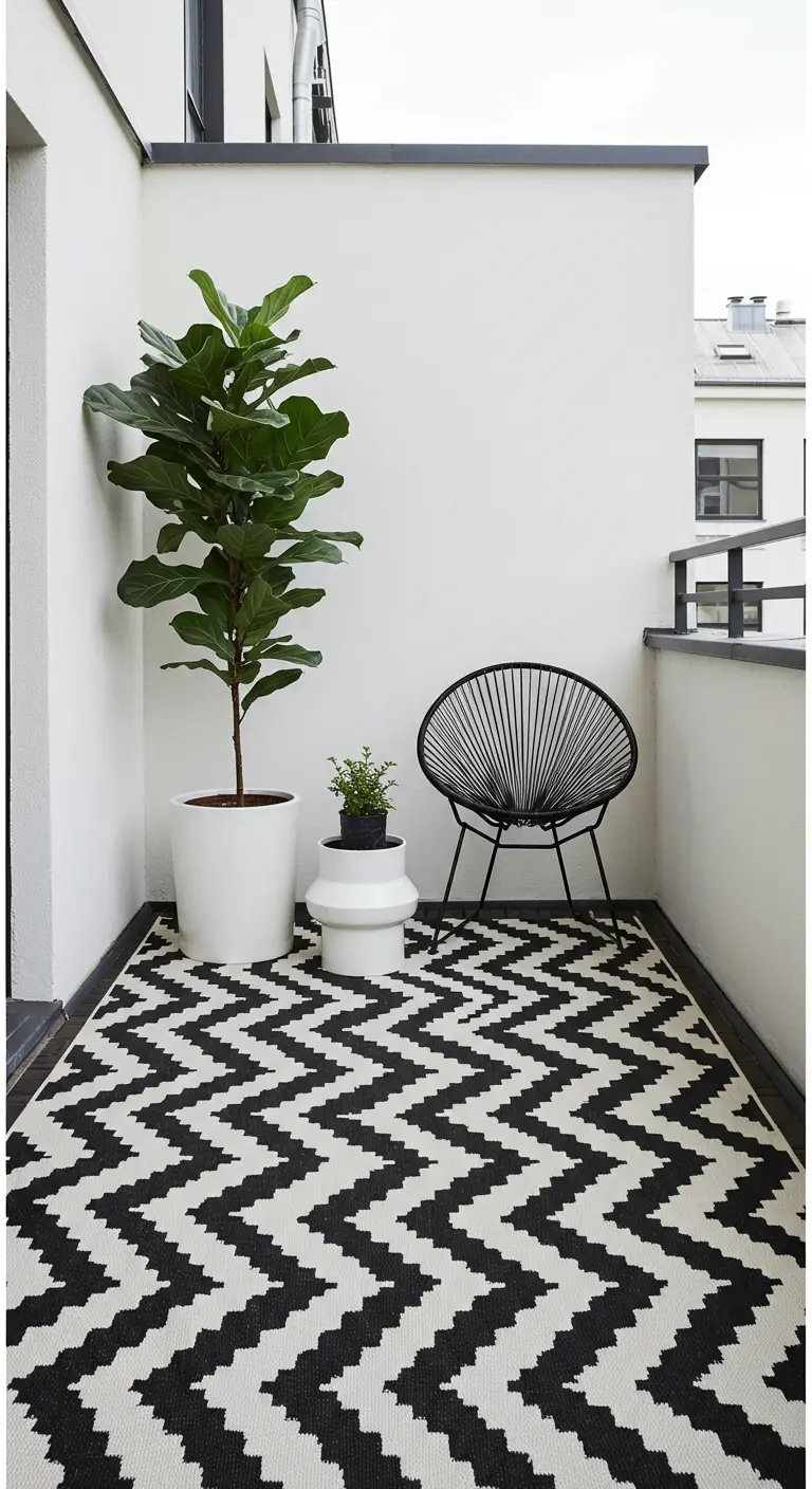 Smal balkon met een groot zwart-wit chevron vloerkleed en een Acapulco stoel.