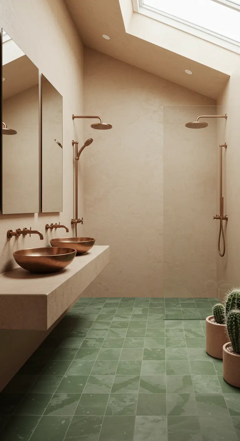 Badkamer met terracotta muren, een groene tegelvloer en koperen waskommen.