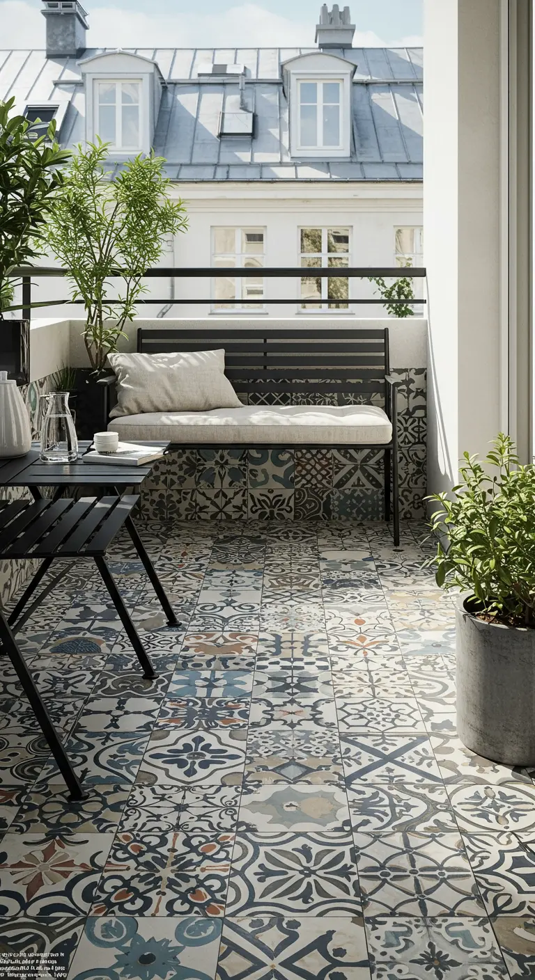 Balkon met een drukke, kleurrijke patroontegelvloer en een minimalistisch zwart bankje.