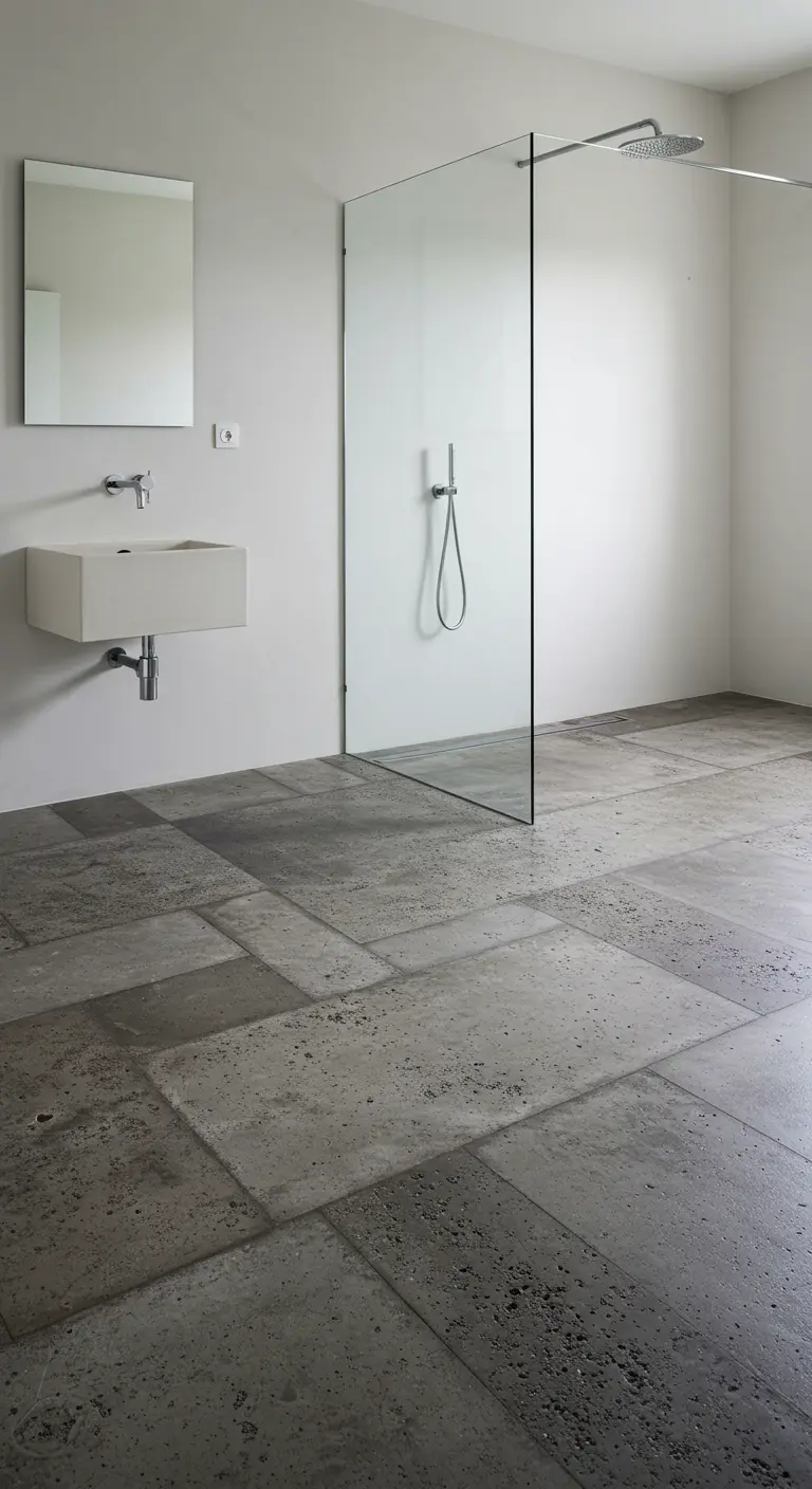 Minimalistische badkamer met een vloer van grote, onregelmatige grijze natuurstenen tegels.