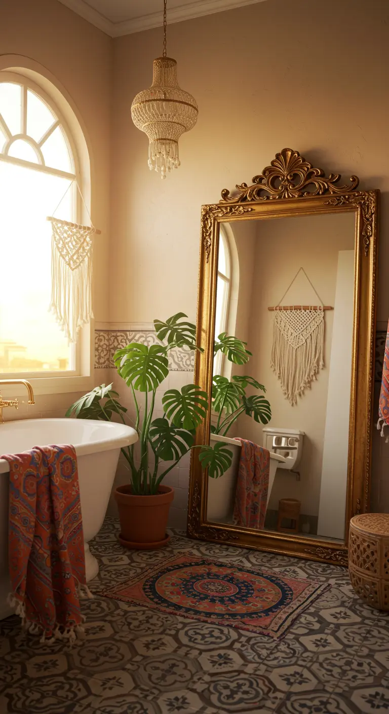 Bohemian badkamer met een grote, goudomlijste vloerspiegel die een Monstera-plant reflecteert.